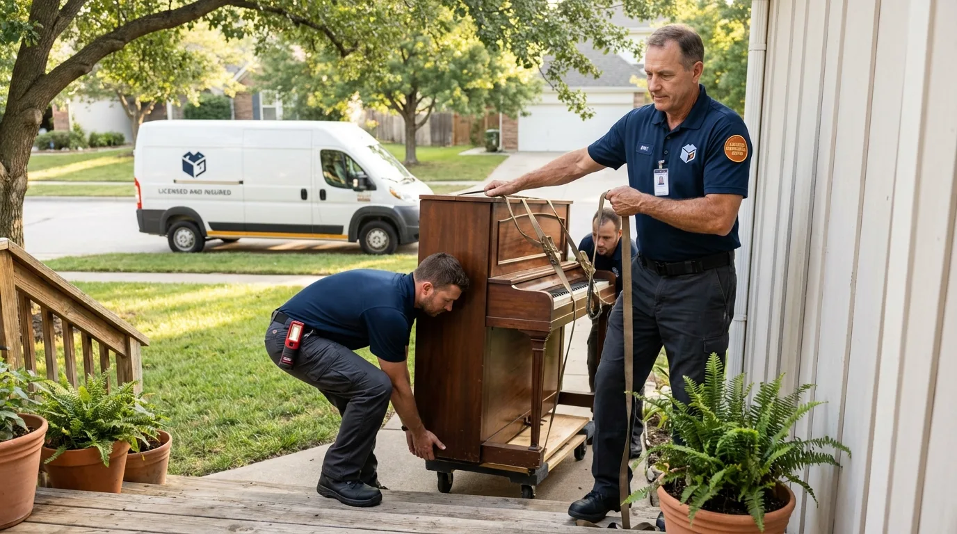 Licensed piano movers securing grand piano in Marlinton, WV