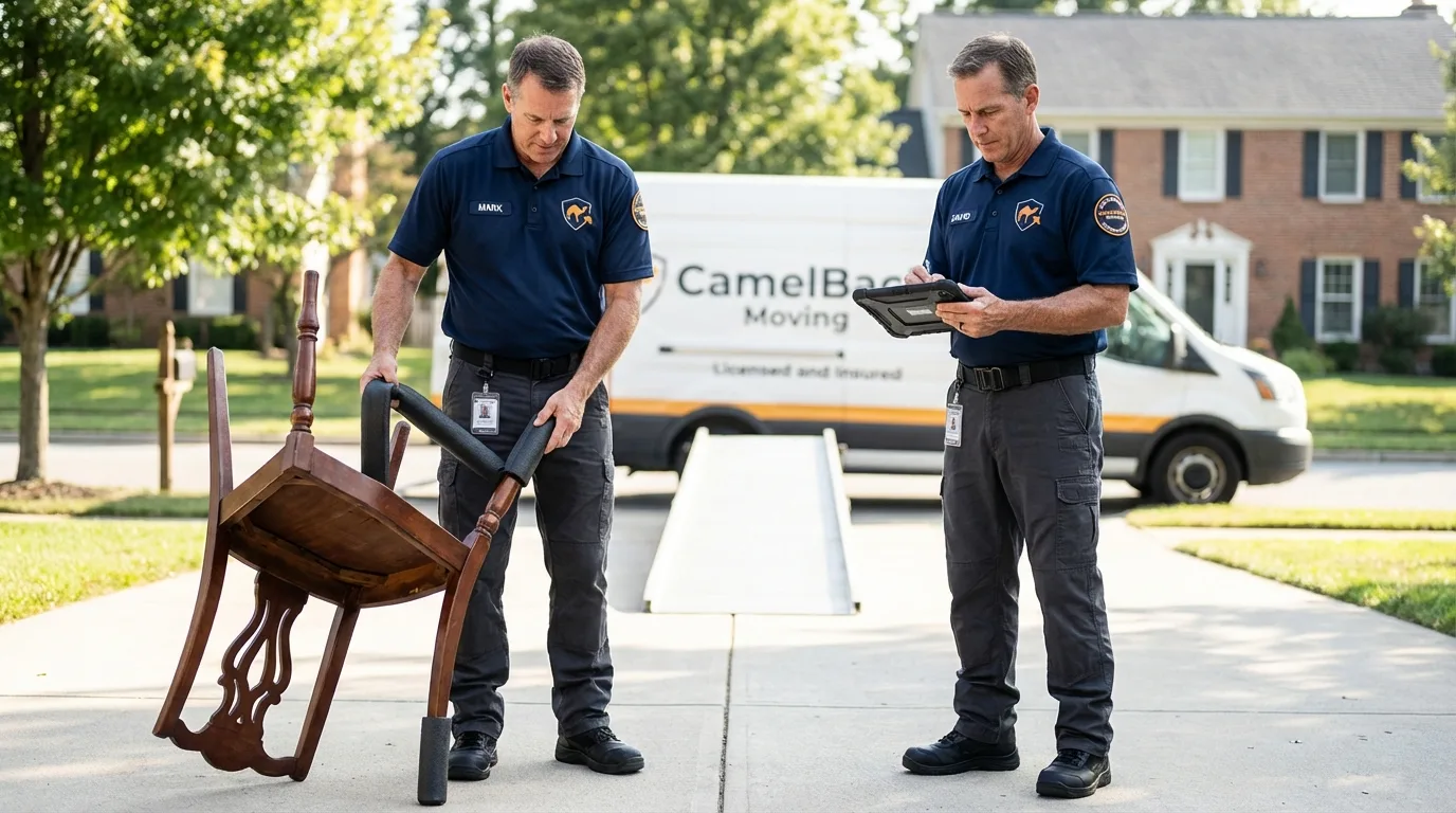 Movers inspecting furniture for damage prevention before loading in Marlinton, WV