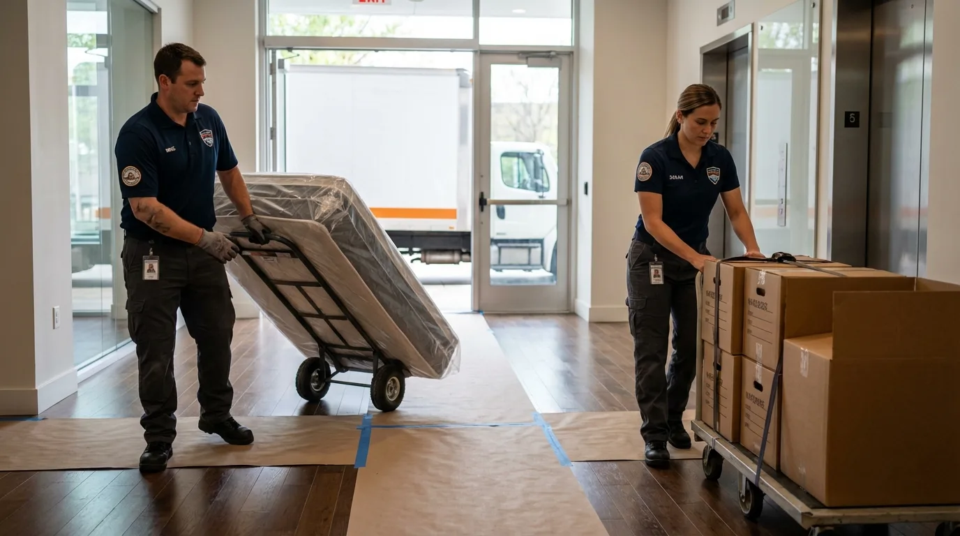 Professional apartment movers loading elevator in Marlinton, WV