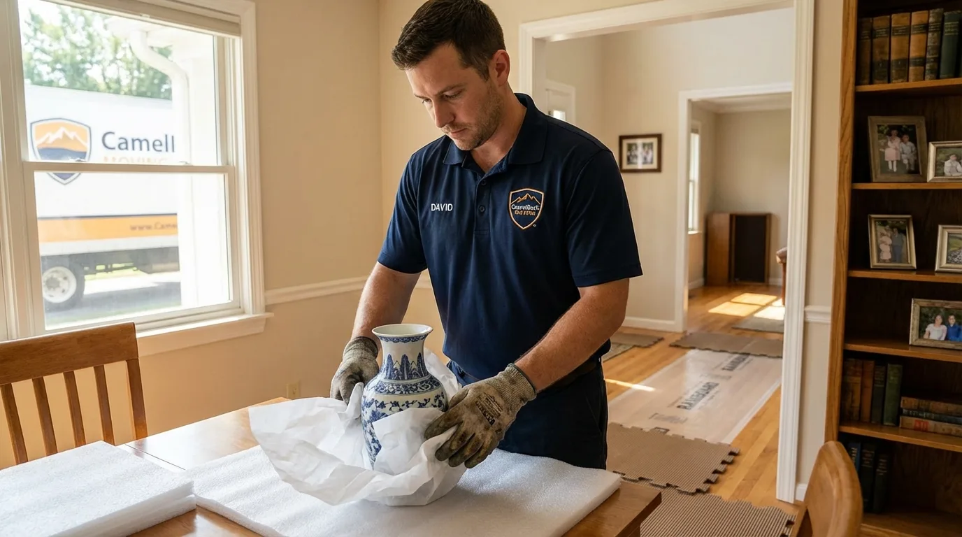 Professional crew carefully wrapping antique vase for senior downsizing move in Marlinton, WV